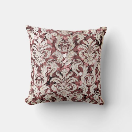 Cottage Pink Rose Maroon Damask Gray Pearl Sequin Throw Pillow