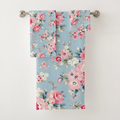 Cottage Pink Roses on Blue Background Bath Towel Set