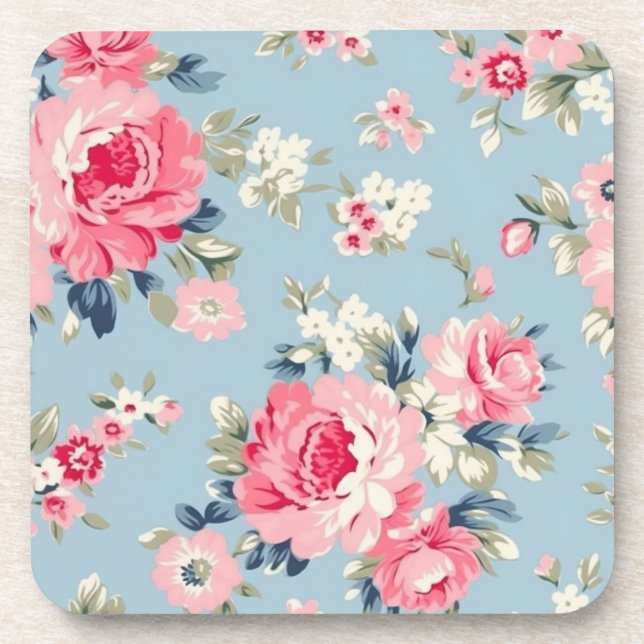 Cottage Pink Roses on Blue Background Beverage Coaster (Front)