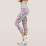 Cottage Pink Roses on Blue Background Capri Leggings<br><div class="desc">Elegant and romantic seamless floral pattern featuring cottage style pastel pink roses with white and pink wildflowers on light sky blue background. Waistband color is customizable.</div>