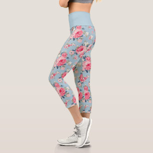 Cottage Pink Roses on Blue Background Capri Leggings