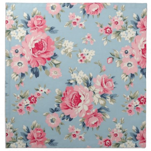 Cottage Pink Roses on Blue Background Cloth Napkin