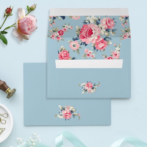 Cottage Pink Roses on Blue Background Envelope