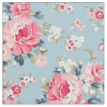 Cottage Pink Roses on Blue Background Fabric