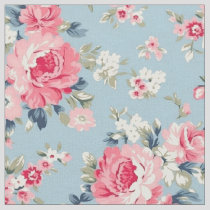 Cottage Pink Roses on Blue Background Fabric
