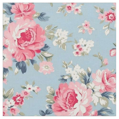 Cottage Pink Roses on Blue Background Fabric