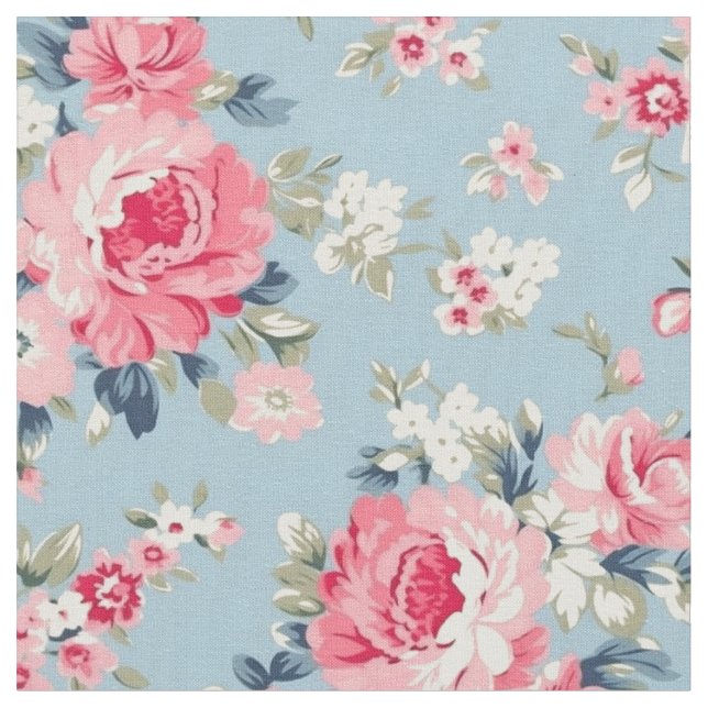 Cottage Pink Roses on Blue Background Fabric (Close Up)