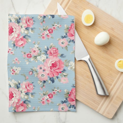 Cottage Pink Roses on Blue Background Kitchen Towel