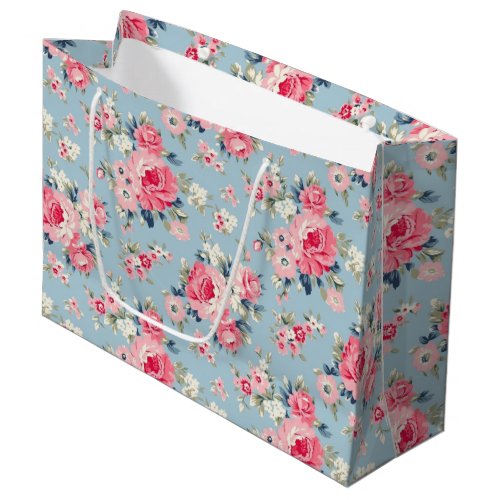 Cottage Pink Roses on Blue Background Large Gift Bag