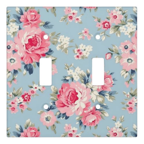 Cottage Pink Roses on Blue Background Light Switch Cover