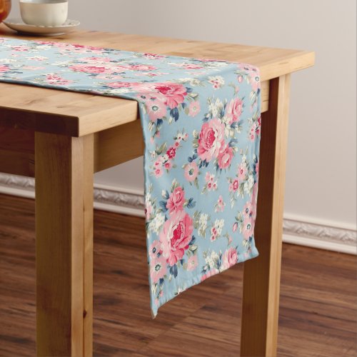 Cottage Pink Roses on Blue Background Long Table Runner