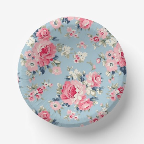 Cottage Pink Roses on Blue Background Paper Bowls