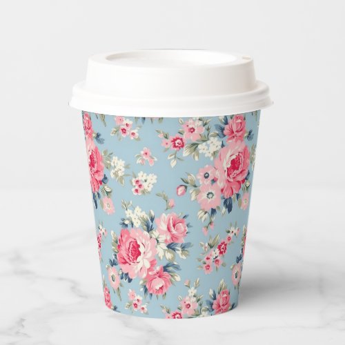 Cottage Pink Roses on Blue Background Paper Cups