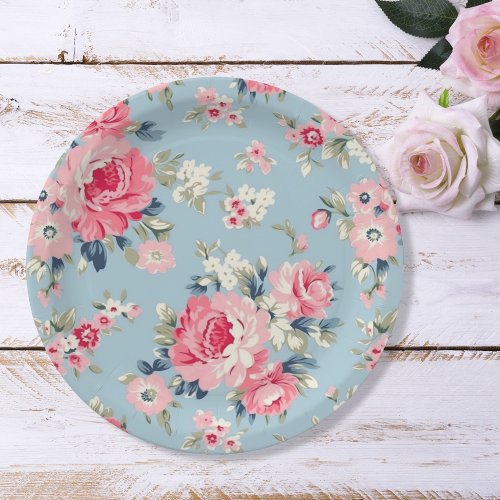 Cottage Pink Roses on Blue Background Paper Plates