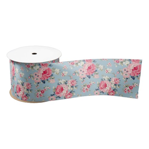 Cottage Pink Roses on Blue Background Satin Ribbon