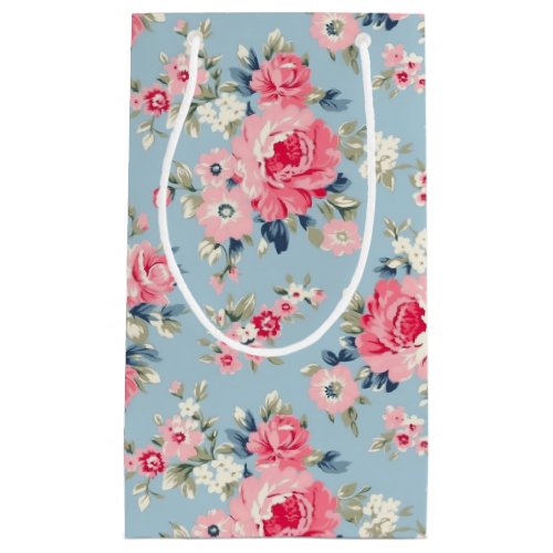 Cottage Pink Roses on Blue Background Small Gift Bag