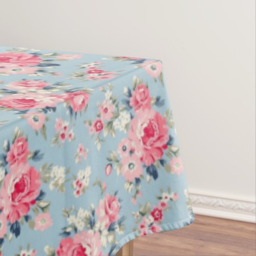 Cottage Pink Roses on Blue Background Tablecloth