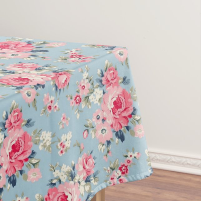 Cottage Pink Roses on Blue Background Tablecloth (In Situ)