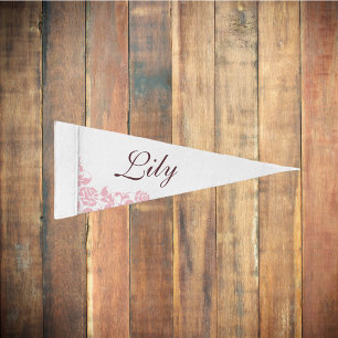 Cottage Pink Stripe Rose Lace Script Name Pennant Pennant Flag