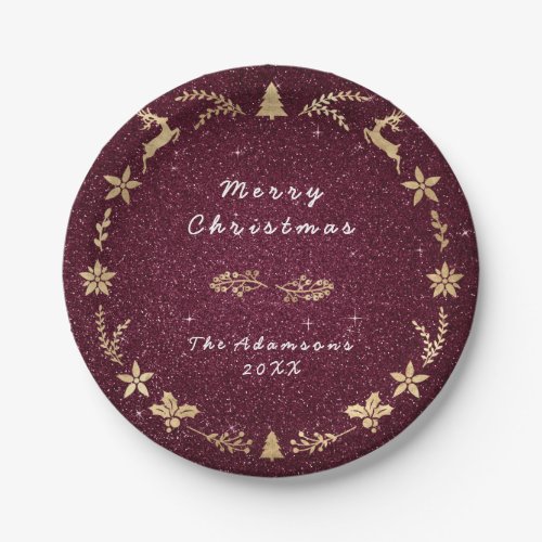 Cottage Red Burgundy Glitter Gold Christmas Paper Plates