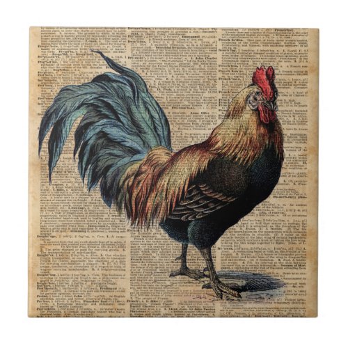 Cottage Rooster Vintage Dictionary Book Page Ceramic Tile