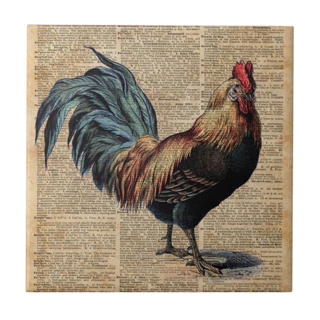 Cottage Rooster Vintage Dictionary Book Page Ceramic Tile (Front)