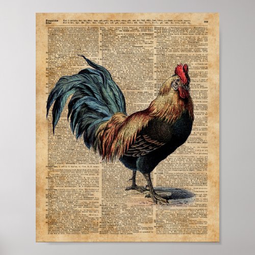 Cottage Rooster Vintage Dictionary Book Page Poster