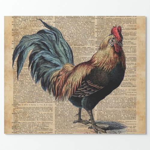 Cottage Rooster Vintage Dictionary Book Page Wrapping Paper