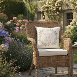 Cottage Rose Wreath Irish Verse Outdoor Pillow
