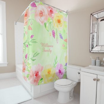 Cottage Roses Country Flowers Soft Green Pastel Shower Curtain by funny_tshirt at Zazzle