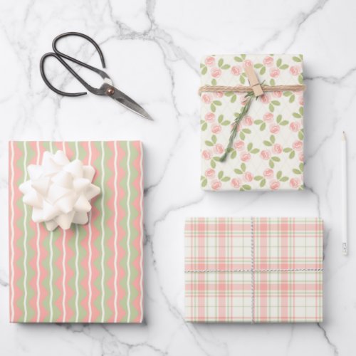 Cottage Roses Tartan and Stripes Set in deep pink Wrapping Paper Sheets
