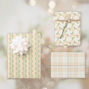 Cottage Roses, Tartan and Stripes Set in orange Wrapping Paper Sheets