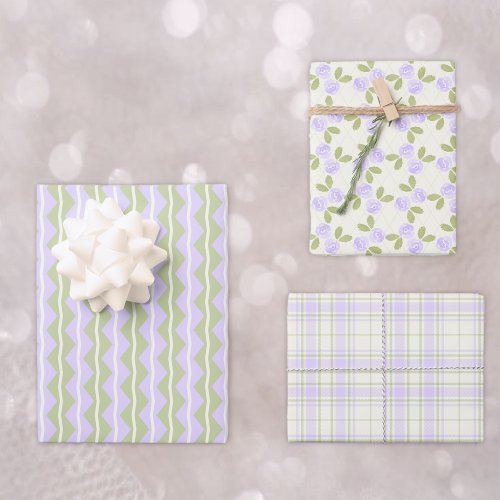 Cottage Roses Tartan and Stripes Set in purple Wrapping Paper Sheets