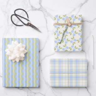 Cottage Roses, Tartan and Stripes Set in sky blue Wrapping Paper Sheets
