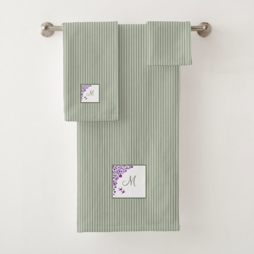 Cottage Sage Stripe Purple Floral Script Monogram Bath Towel Set