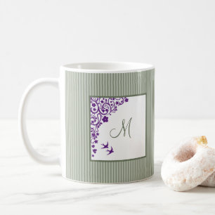 Cottage Sage Stripe Purple Floral Script Monogram Coffee Mug