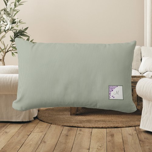 Cottage Sage Stripe Purple Floral Script Monogram Lumbar Pillow