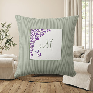 Cottage Sage Stripe Purple Floral Script Monogram Throw Pillow