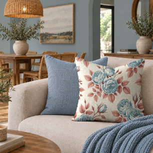 Cottage Shabby Chic Roses Dusty Pink Blue Pillow