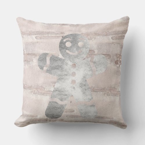 Cottage Silver Gingerbread Man Birch Bark Pink Throw Pillow