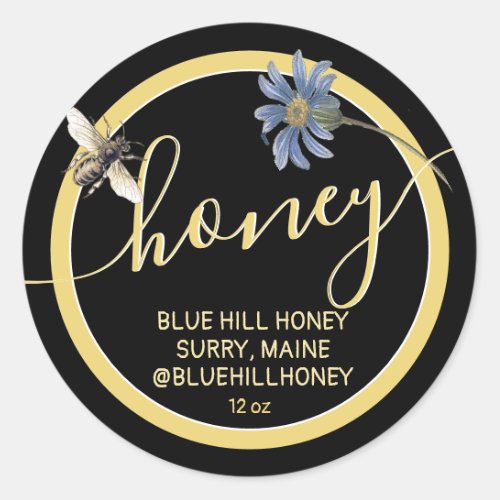 Cottage Style Blue Flowers Honey Label Bee Black