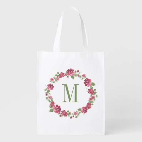 Cottage Style Floral Pink Roses Wreath Monogram Grocery Bag