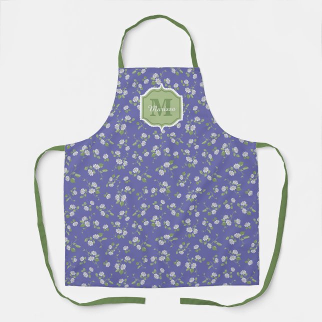 Cottage Style Periwinkle Floral Daisies Monogram Apron (Front)