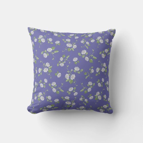 Cottage Style Periwinkle Floral White Daisies Throw Pillow