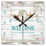 Cottage Style Welcome Wooden Beach Shells Board Square Wall Clock