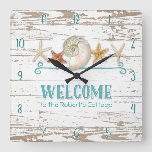 Cottage Style Welcome Wooden Beach Shells Board Square Wall Clock