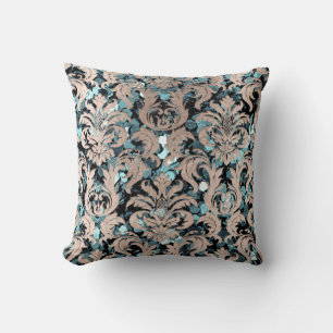 Cottage Teal Aquatic Damask Blue Blue Ivory Throw Pillow