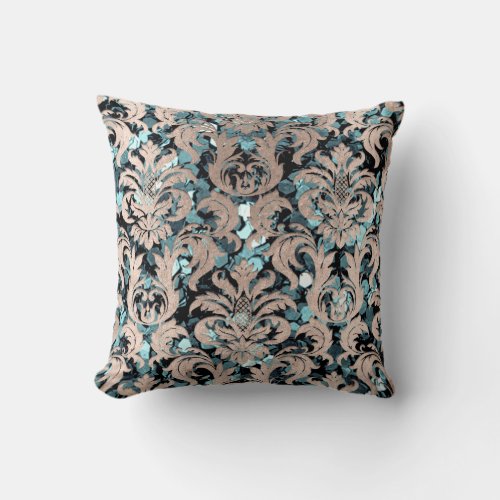 Cottage Teal Aquatic Damask Blue Blue Ivory Throw Pillow