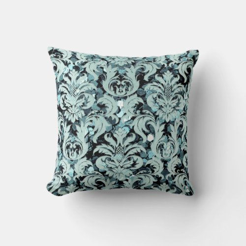 Cottage Teal Aquatic Damask Blue Lux Sequin Throw Pillow