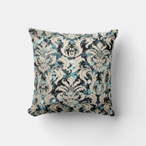 Cottage Teal Aquatic Silver Damask Sepia Sequin Throw Pillow